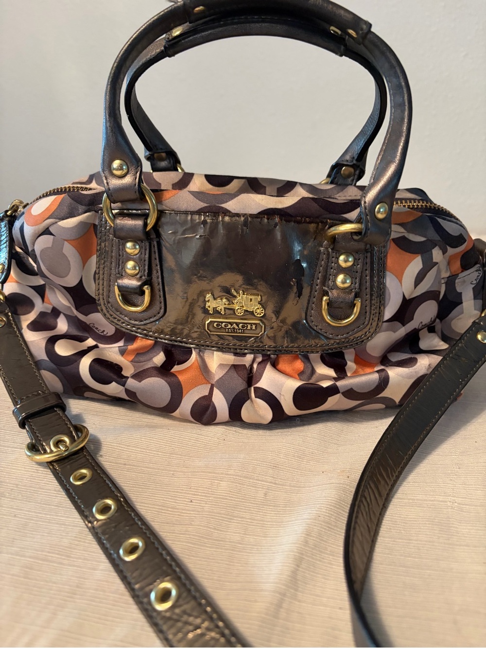 Coach Signature Op Art Satchel Crossbody Style 12928 Brown Black Orange